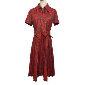 VTG 70s Red Paisley Dagger Collar Midi Dress with Matching Belt M Whimsygoth